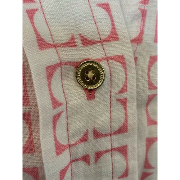 Women’s Linen pink & white clover leaf button up blouse PM M summer comfort Prep - Picture 11 of 12